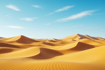 Golden sand dunes under clear blue sky in a sunlit desert landscape with soft shadows and smooth textures in natural light setting.