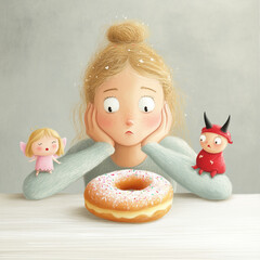 Illustration of woman facing donut temptation, with angel and devil on shoulders. A fun, relatable image for diet, food struggle, self-control, and decision-making themes.

