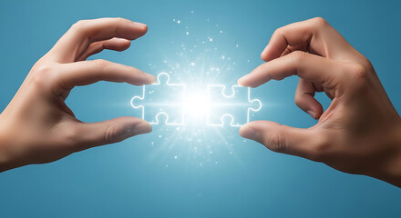Connecting puzzle pieces representing collaboration and innovation in blue background