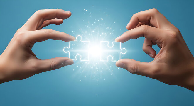 Connecting puzzle pieces representing collaboration and innovation in blue background