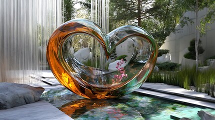 Reflective heart sculpture serenely graces a modern garden, fostering love and tranquility in nature