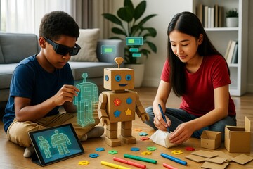 Diverse kids building robot with cardboard and using futuristic AR holograms while sitting on floor in cozy living room, learning and playing together. Ai generative