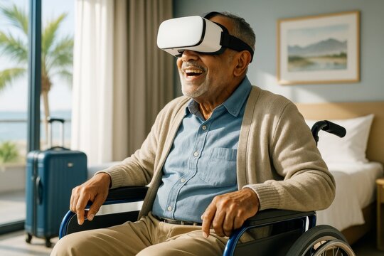 Elderly man in wheelchair enjoying virtual reality headset in sunny hotel room with ocean view background and natural light ambiance. Ai generative