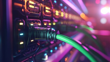 Futuristic server rack with vibrant neon lighting and cables