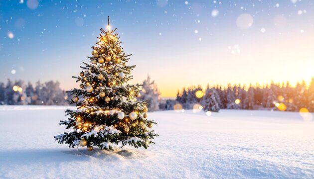 Decorated Christmas tree in snowy field at sunrise