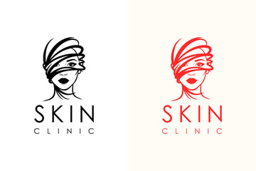 vector illustration of woman's face covered with abstract circular lines, logo for luxury facial spa, beauty, skin clinic, skin care, cosmetics brand, anti aging, acne, dermatologist, and more
