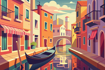 Colorful Venice Canal Scene with Gondola and Reflections in the Water