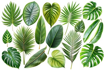 Collection of green leaves, including palm leaves, ferns