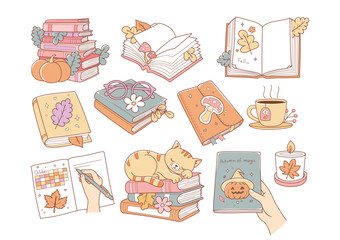 Cozy Bookish Vector, Autumn Trendy Bookish, Cute Book Lover Doodle Cartoon Style Hand Drawn Elements Vector