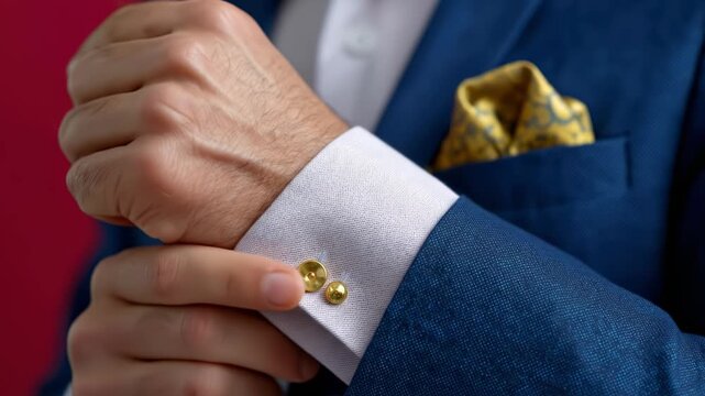A man in a suit is putting on his cufflinks. The cufflinks are gold and have a button on them