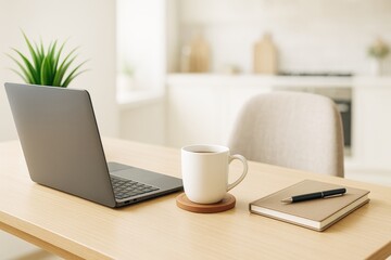 Minimalist home office desk with laptop, coffee mug and notebook in bright neutral kitchen background, light lifestyle work concept interior setup.