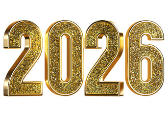 Gold Glitter 2026 Metallic 2026 Symbol. Lettering For New Year Celebration. 3d render illustration.