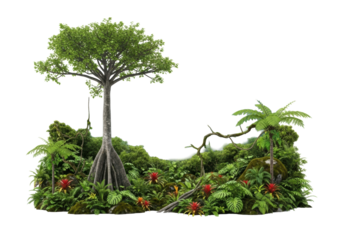 Majestic Kapok tree with buttress roots and lush foliage, surrounded by pristine tropical jungle vegetation and mist-shrouded mountains, rendered as a standalone object on a transparent studio plain,