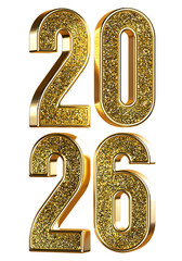 Gold Glitter 2026 Metallic 2026 Symbol. Lettering For New Year Celebration. 3d render illustration.