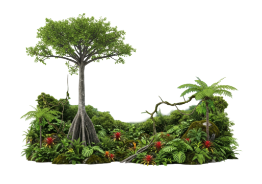 Majestic Kapok tree with buttress roots and lush foliage, surrounded by pristine tropical jungle vegetation and mist-shrouded mountains, rendered as a standalone object on a transparent studio plain,