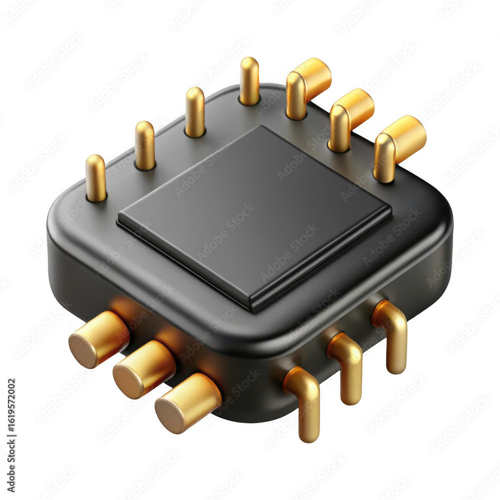 Poster 3d microchip processor with golden pins isolated on transparent background
