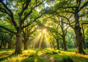 Obraz premium Dense summer forest with towering oak trees and sunlight filtering through leaves
