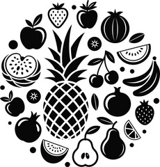 Set of Black Fruit and Vegetable Icons, Including Apple, Strawberry, Garlic, Pear, Lemon, Cherries, Pineapple, Pomegranate, Grapes, and Banana, Flat Vector Illustration