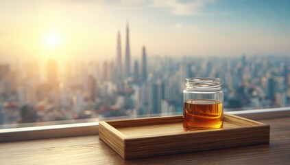 Cityscape view through window, drink on tray