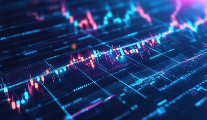 Abstract digital display of financial data.  Stock market charts,  glowing lines and indicators.  Complex interactive data visualization