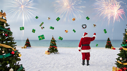 Santa Claus beach holiday celebration with fireworks and falling gifts Christmas snow