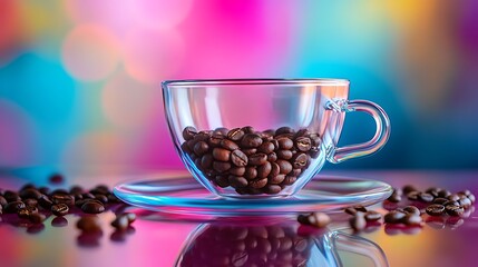 Aromatic coffee beans displayed in clear glass cup, vibrant background, perfect for cafe menu or coffee product promotion