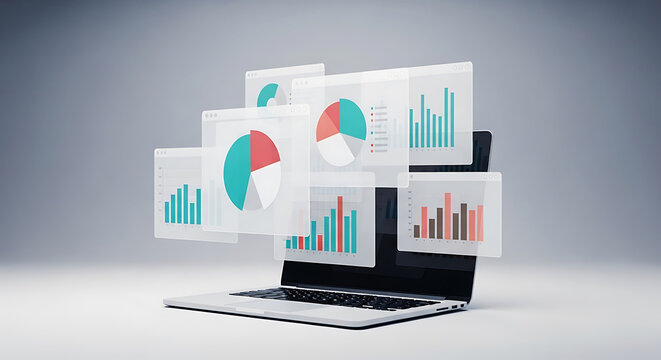 Laptop displaying business data charts and graphs for financial analysis