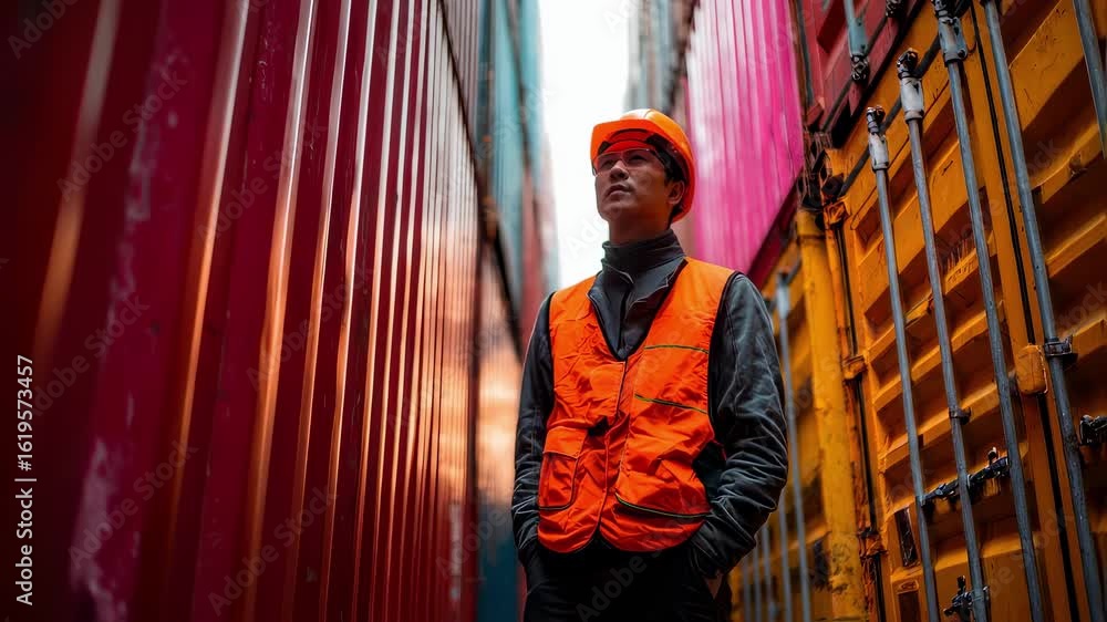 Poster a closeup of a person inspecting a shipping container amid others in a yard reflecting the attention