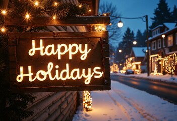 A beautifully illuminated wooden holiday sign that reads Happy Holidays adorned with warm lights, set against a serene, snowy street decorated with festive lights