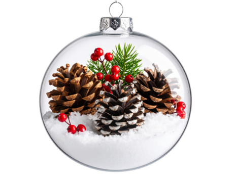 Transparent Bauble Filled with Mini Pine Cones and Faux Snow PNG