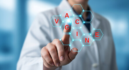 Doctor interacting with futuristic vaccine concept on digital hexagonal interface