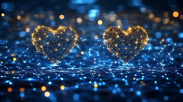 Two golden heart shapes are connected by a network of light blue lines.