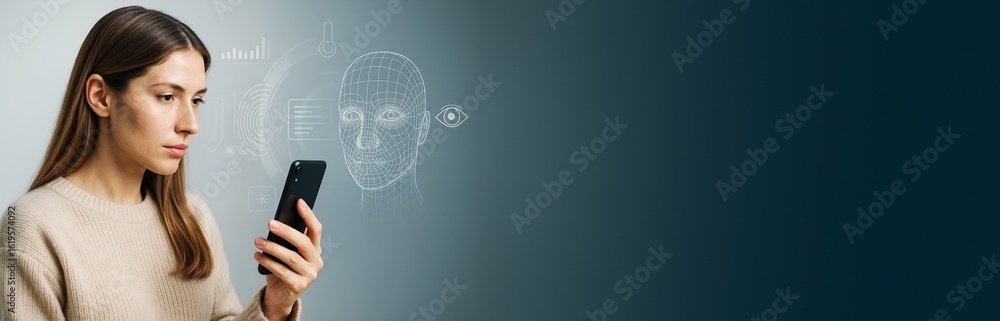 Poster woman using smartphone for facial recognition with digital biometric interface on gradient backgroun