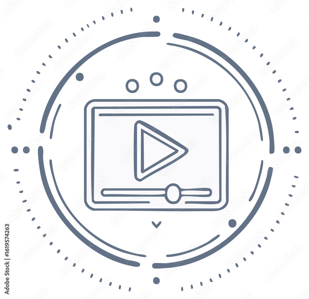 Poster stylized video player interface with round elements for website or applications use