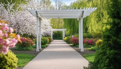 Obraz premium Beautiful Garden Pathway with White Pergolas Surrounded by Blooming Cherry Blossoms and Lush Greenery in Spring