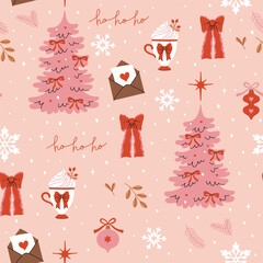 Seamless pattern of pink Christmas with trees, bows, snowflakes. Vector graphics.