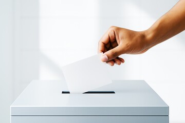 Hand inserting blank card into ballot box on clean white background with soft lighting, ideal for voting, election, or feedback concept mockup.
