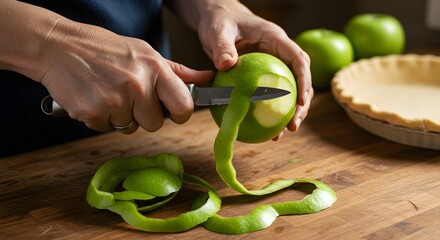 Person peeling green apple