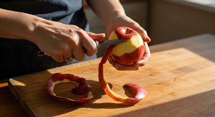Person peeling red apple on wooden board