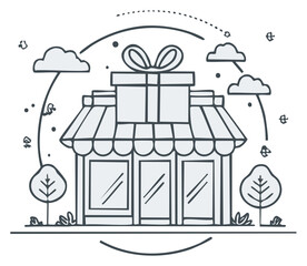 Gift Shop Hand Drawn Illustration with Present on Top, Canopy, Trees, and Decorative Elements