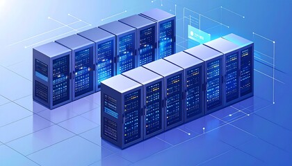 Isometric illustration of a server room with multiple racks of servers and data transfer