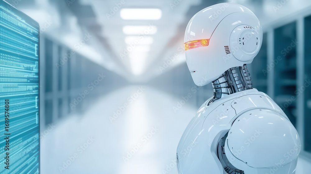 Poster futuristic robot in high-tech environment with digital screen