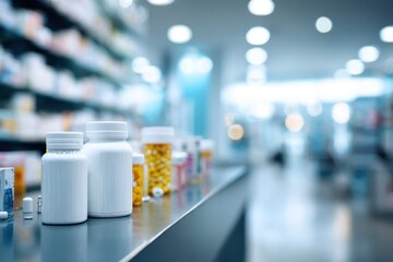 Pharmacy interior, white containers, blurred background