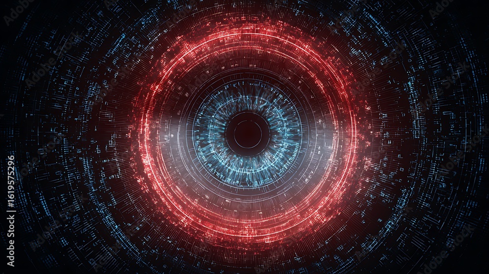 Aufkleber abstract eye with red and blue glowing rings and circuit board like patterns surrounding it