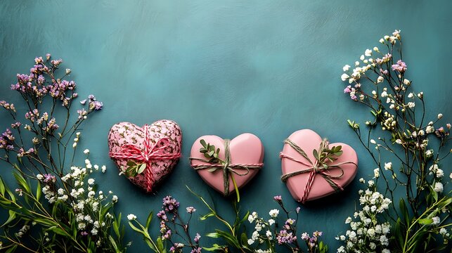 Show your love with these charming heart shaped gifts and delicate floral accents on teal for Valentine's Day - Powered by Adobe