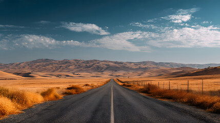 Empty Road Stretching to the Horizon in a Dry Field