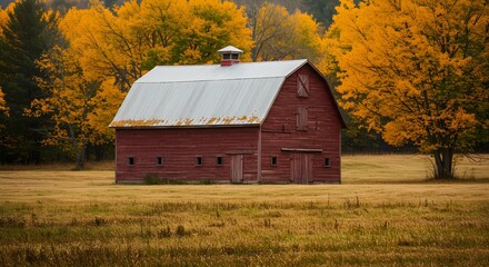 Fototapeta premium Red barn in autumn field