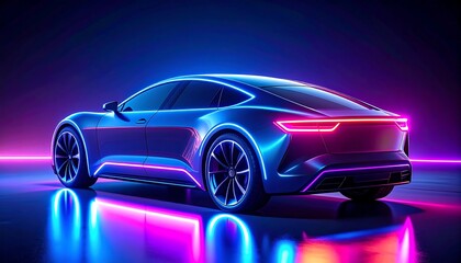Futuristic electric car, neon lights