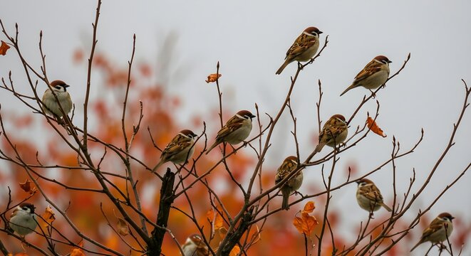 Sparrows perched on branches in autumn