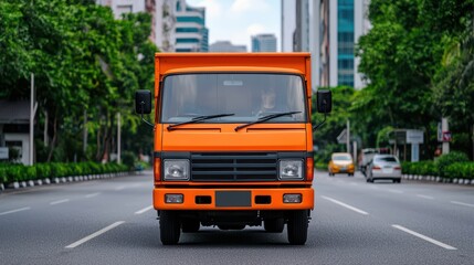 Fototapeta premium Bright Orange Delivery Truck on Urban Road with Trees